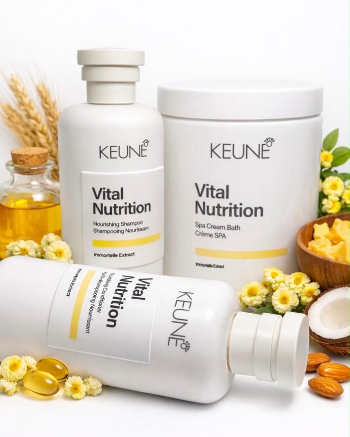 Frascos da linha Keune Vital Nutrition com ingredientes naturais ao redor